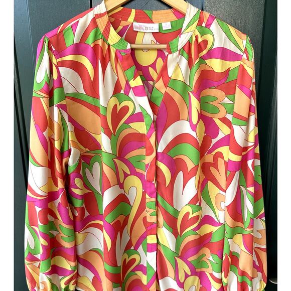 Belle by Kim Gravel Sz M Status Print Button Blouse Retro Preppy Office QVC - Picture 1 of 6
